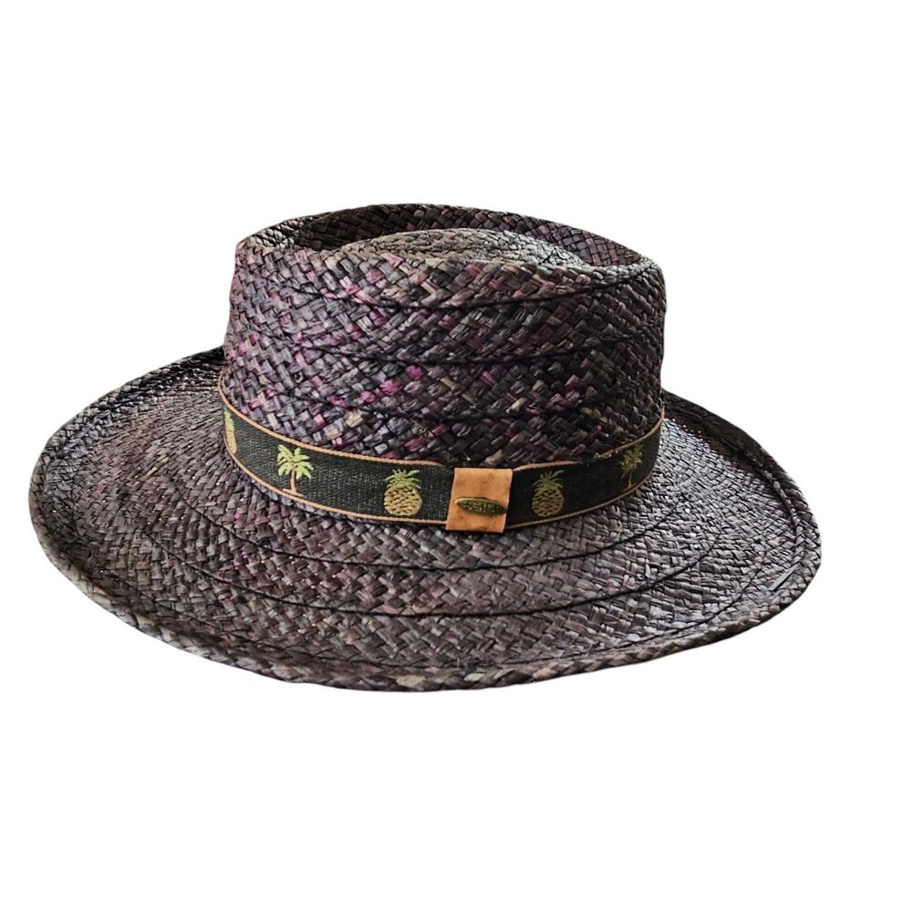 Dorfman Pacific Scala Raffia Straw Hat Small 21.5" Tropical Band Pineapple Palms